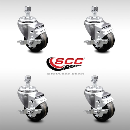 Service Caster 3 Inch SS Phenolic Wheel Swivel 3/8 Inch Threaded Stem Caster Set Brake SCC SCC-SSTS20S314-PHS-TLB-381615-4